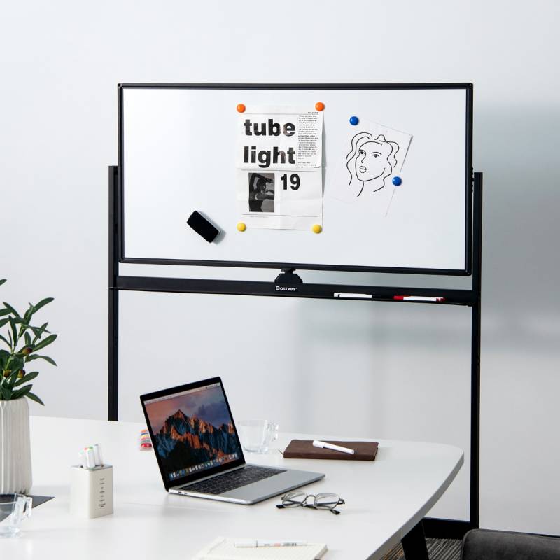 Doppelseitiges magnetisches mobiles Whiteboard mobile rollende Weißwandtafel für Büro Schwarz von Costway