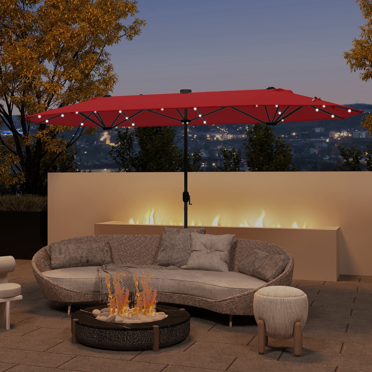 Doppelsonnenschirm mit Ständer und LED-Leuchten 400 x 200 cm Sonnenschirm Groß XXL UPF 50+ Weinrot von Costway
