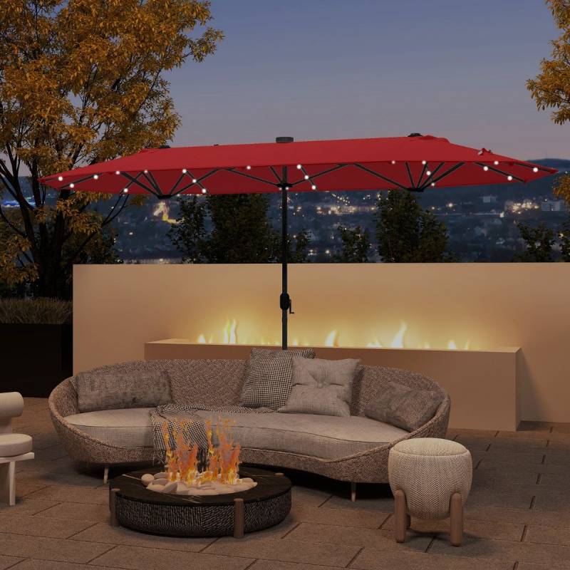 Doppelsonnenschirm mit Ständer und LED-Leuchten 400 x 200 cm Sonnenschirm Groß XXL UPF 50+ Weinrot von Costway