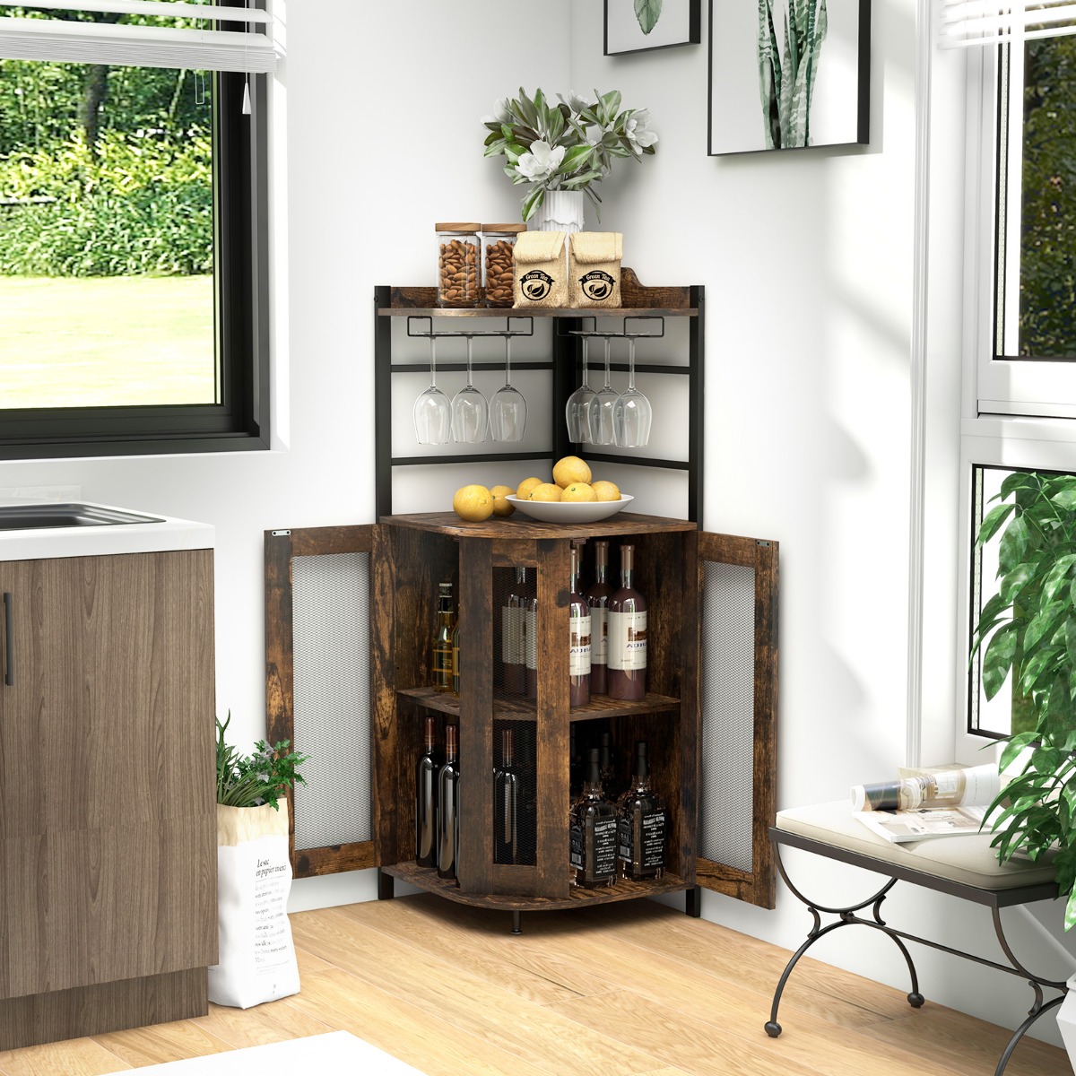 Eck-Barschrank mit Glashalter & Metallgittertüren & Verstellbarem Regal Weinschrank Braun von Costway