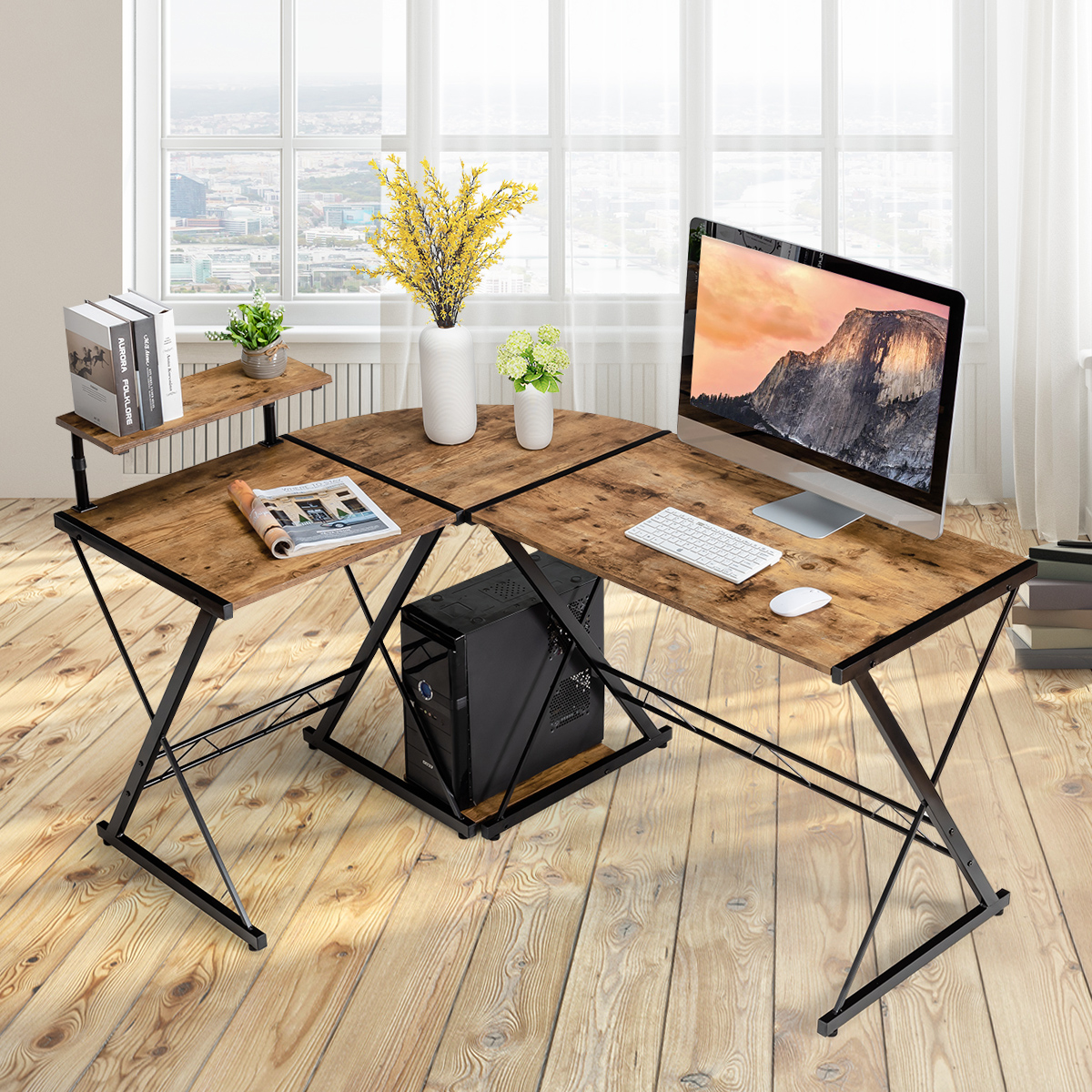 Eckschreibtisch L-Förmiger Computertisch aus Holz 147 x 112 x 79 cm Braun von Costway