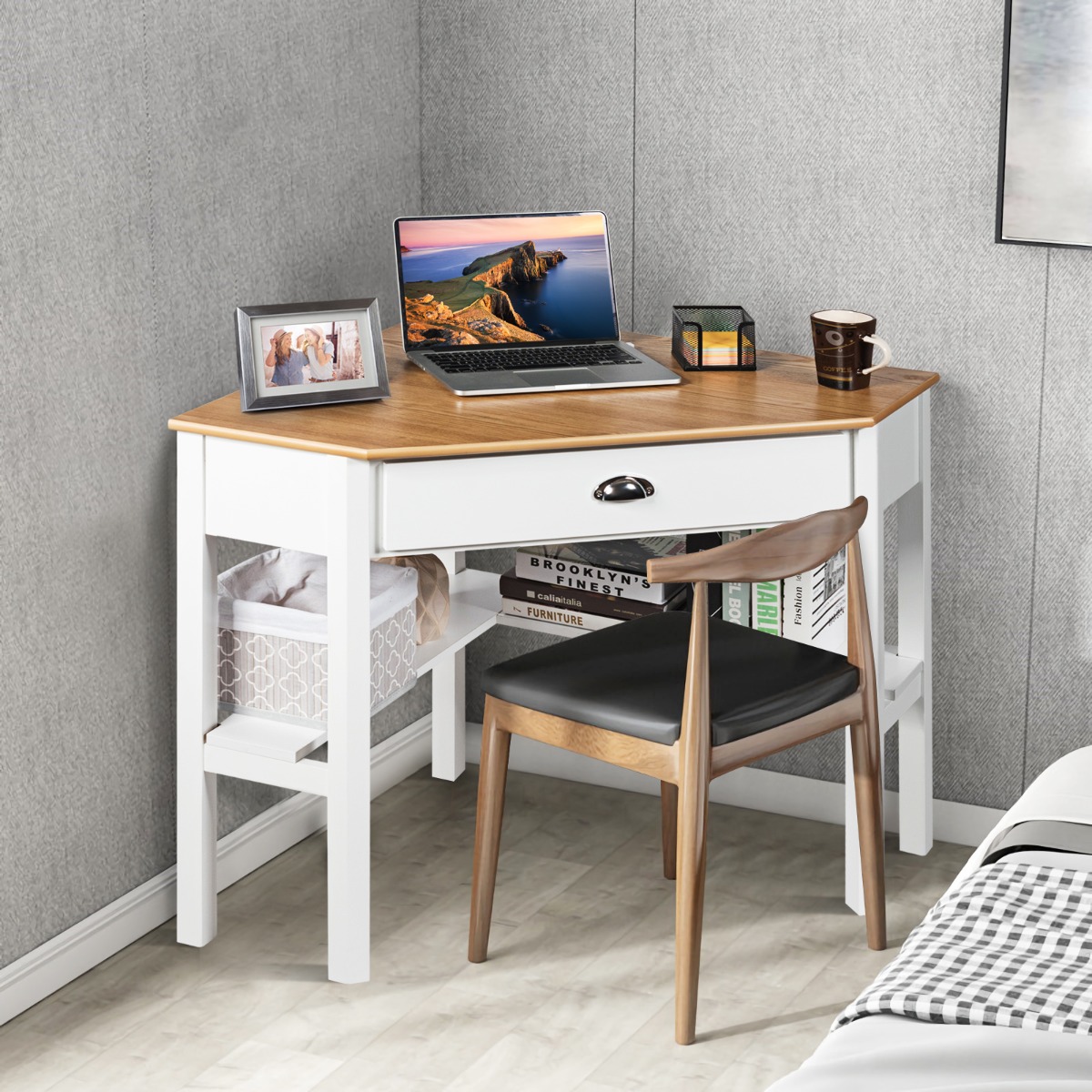 Eckschreibtisch aus Holz Kompakter Schreibtisch mit Schublade & Regalen 75 x 75 x 76 cm Natur + Weiß von Costway