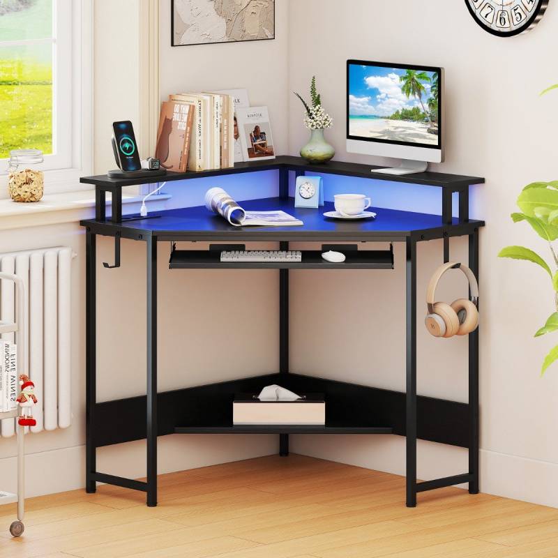 Eckschreibtisch mit Ladestation & LED & Tastaturablage & Monitorständer Gamingtisch Schwarz von Costway