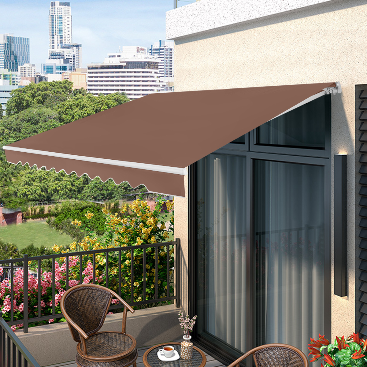 Einziehbare Markise Aluminium Terrassen Sonnenschutz mit Kurbelgriff 3,6 m × 3 m Braun von Costway