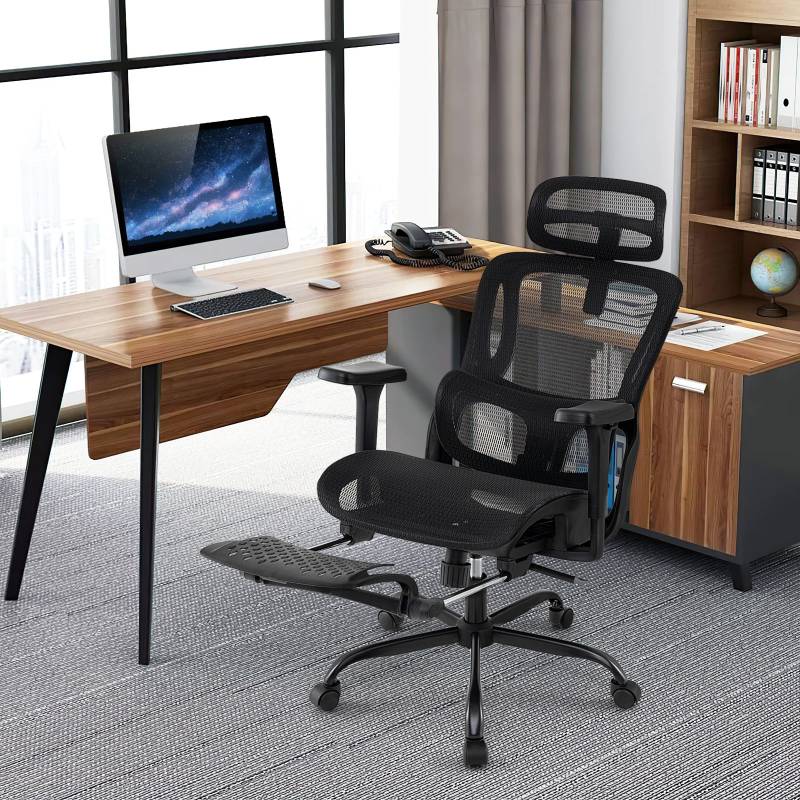 Ergonomischer Bürostuhl Computertischstuhl mit einziehbarer Fußstütze verstellbarer Lendenstütze & Armlehnen Schwarz von Costway