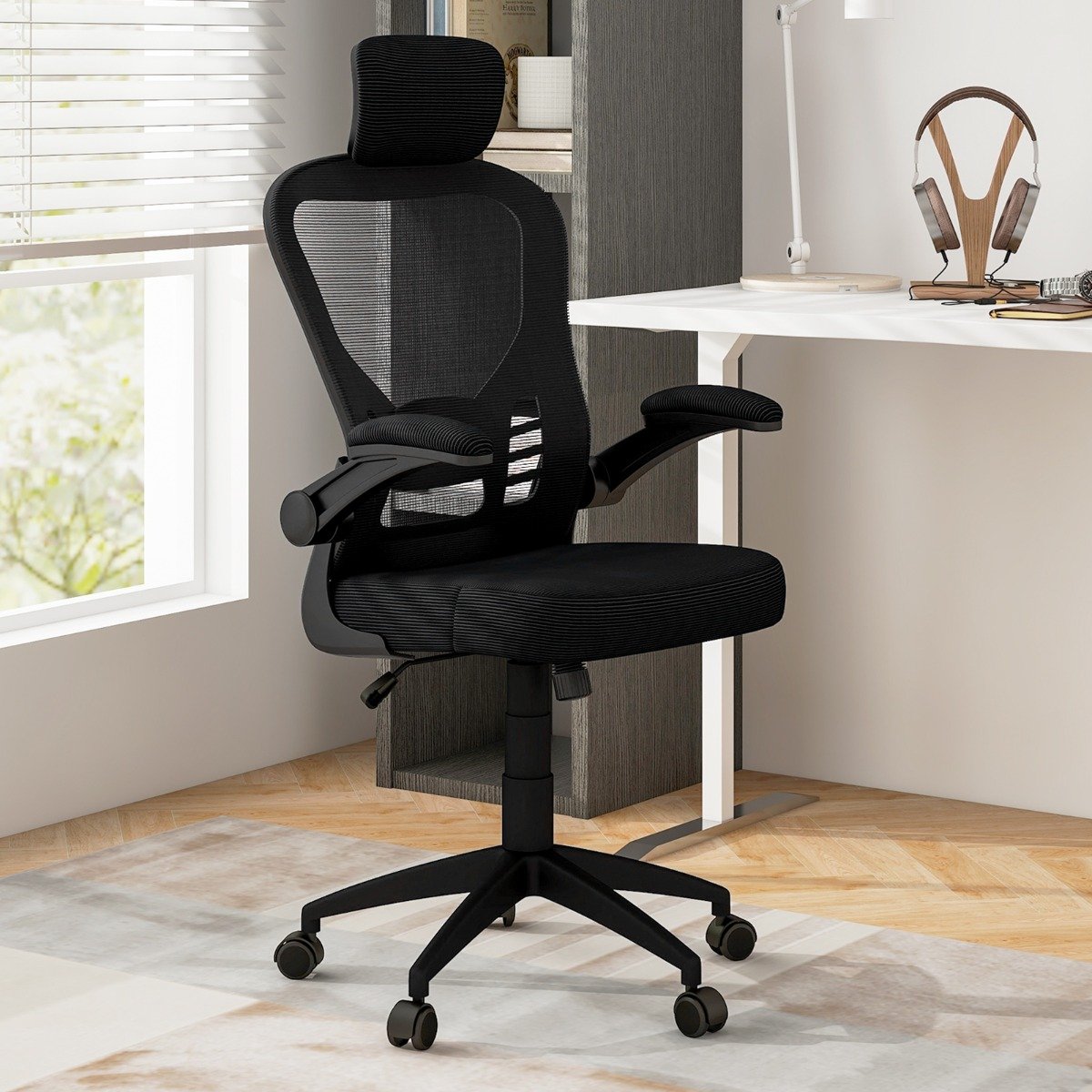 Ergonomischer Bürostuhl aus Netzgewebe mit Schaukellehne Chefsessel Drehbarer PC Stuhl von Costway