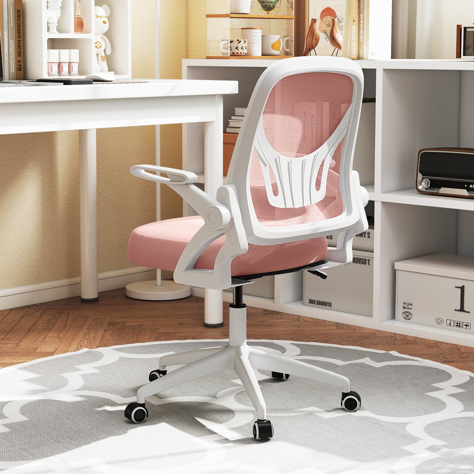 Ergonomischer Bürostuhl mit Hochklappbaren Armlehnen & Wippfunktion Schreibtischstuhl Rosa von Costway