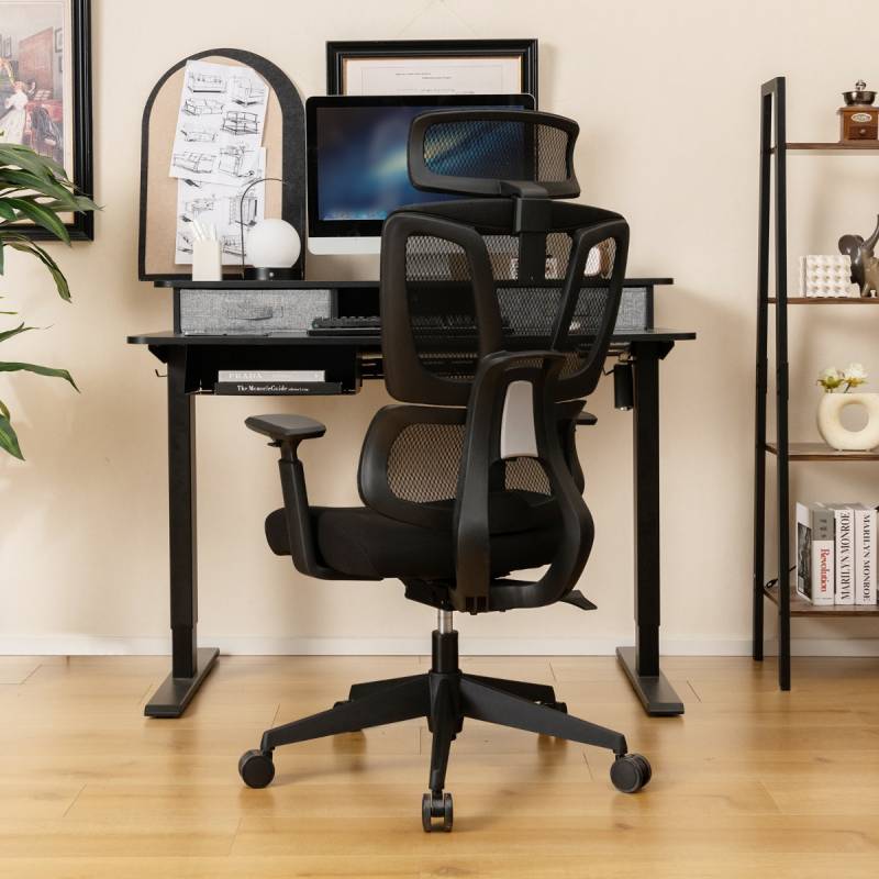 Ergonomischer Bürostuhl mit N-förmiger Lordosenstütze Drehbarer Schreibtischstuhl Schwarz von Costway