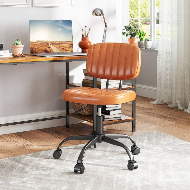 Ergonomischer Bürostuhl mit Rollen Armloser Schreibtischstuhl Gepolsterter Drehstuhl Braun von Costway