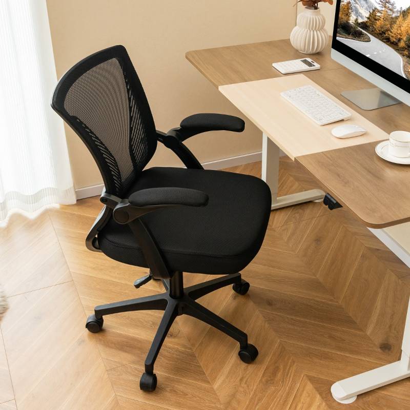 Ergonomischer Bürostuhl mit klappbaren Armlehnen Schreibtischstuhl mit mittlerer Rückenlehne 57 x 63 x 90–100 cm Schwarz von Costway
