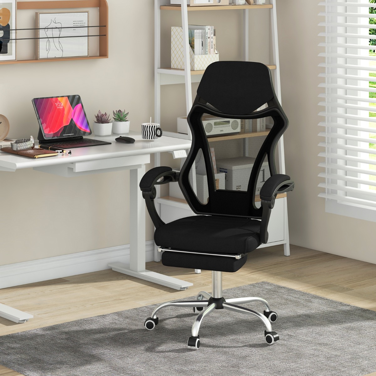 Ergonomischer Mesh-Bürostuhl mit Fußstütze & Höhenverstellbarer Neigbarer Rückenlehne Chefsessel von Costway