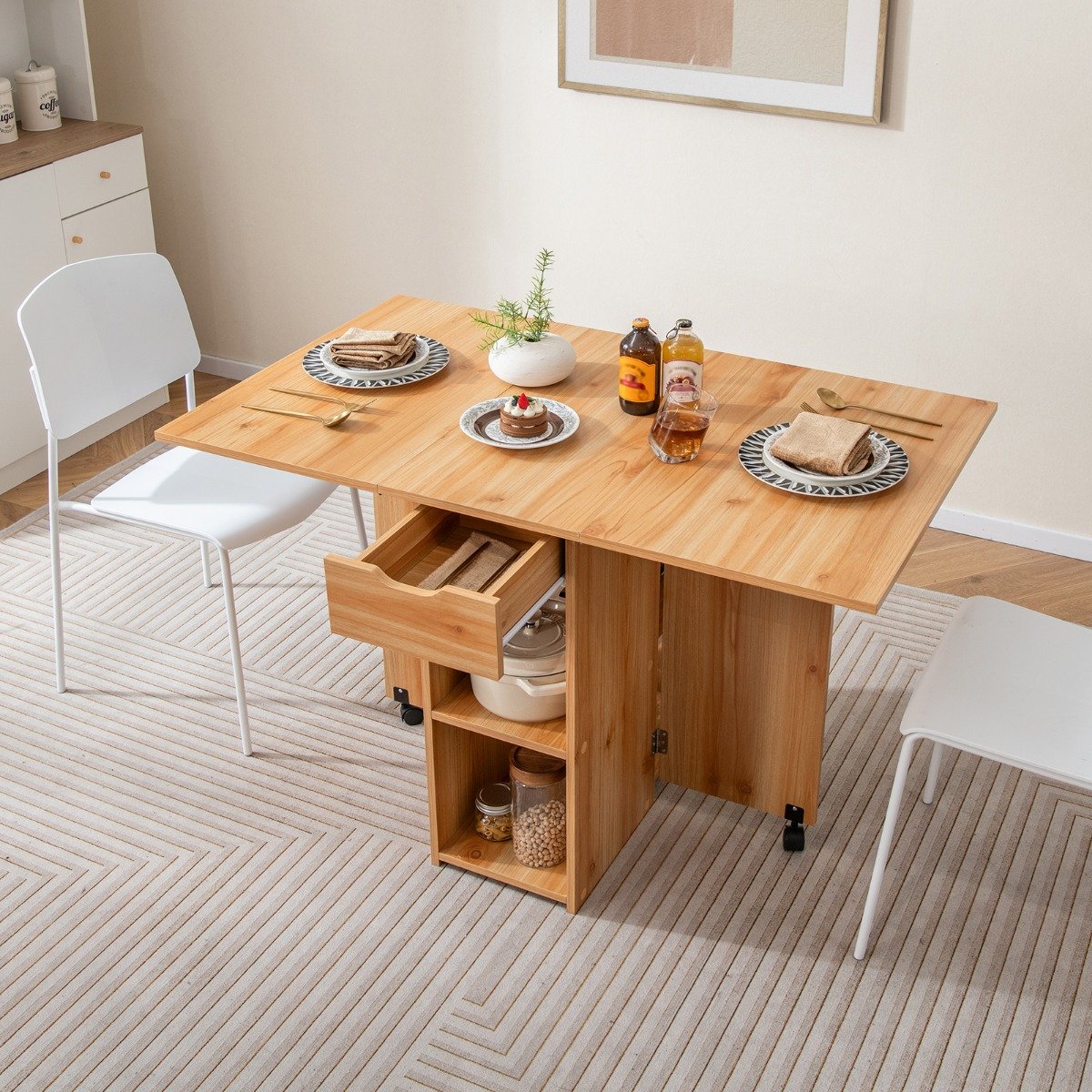 Esstisch klappbar mit 2 Rädern mobiler Klapptisch Esszimmertisch mit 2-stufiger Ablagefläche und Schublade Holz von Costway