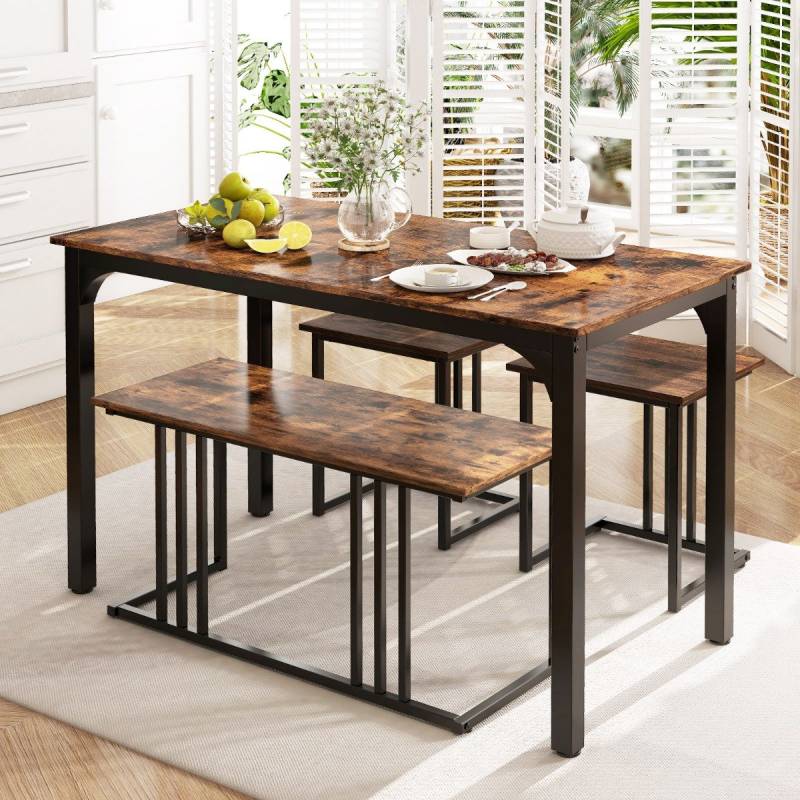 Esstisch mit Bank & 2 Hockern 4er Set Küchentisch industrielle Essgruppe für Küche 120 x 60 x 75 cm Braun von Costway