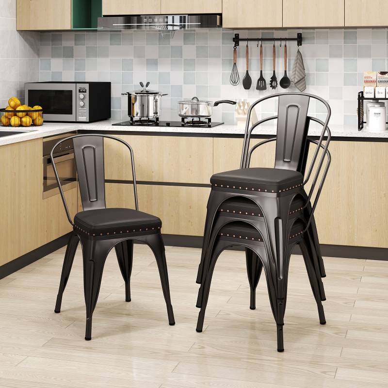 Esszimmerstühle 4er Set Bistrostuhl Metallstuhl stapelbar Küchenstühle gepolstert Gartenstühle mit Rückenlehne 44 x 53 x 84 cm Schussgrau von Costway
