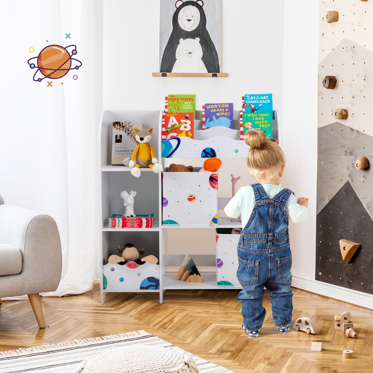 Freistehender Kinderzimmerschrank 3-stöckiger Kinderzimmerregal Spielzeug-Organizer für Kleinkinder Asteroiden Weiß von Costway