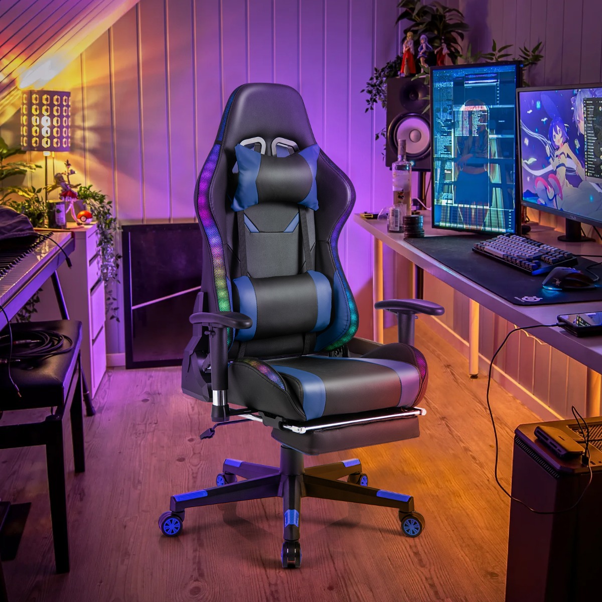 Gaming Stuhl mit RGB-LED-Leuchten & Einziehbarer Fußstütze Ergonomischer Bürostuhl Blau von Costway