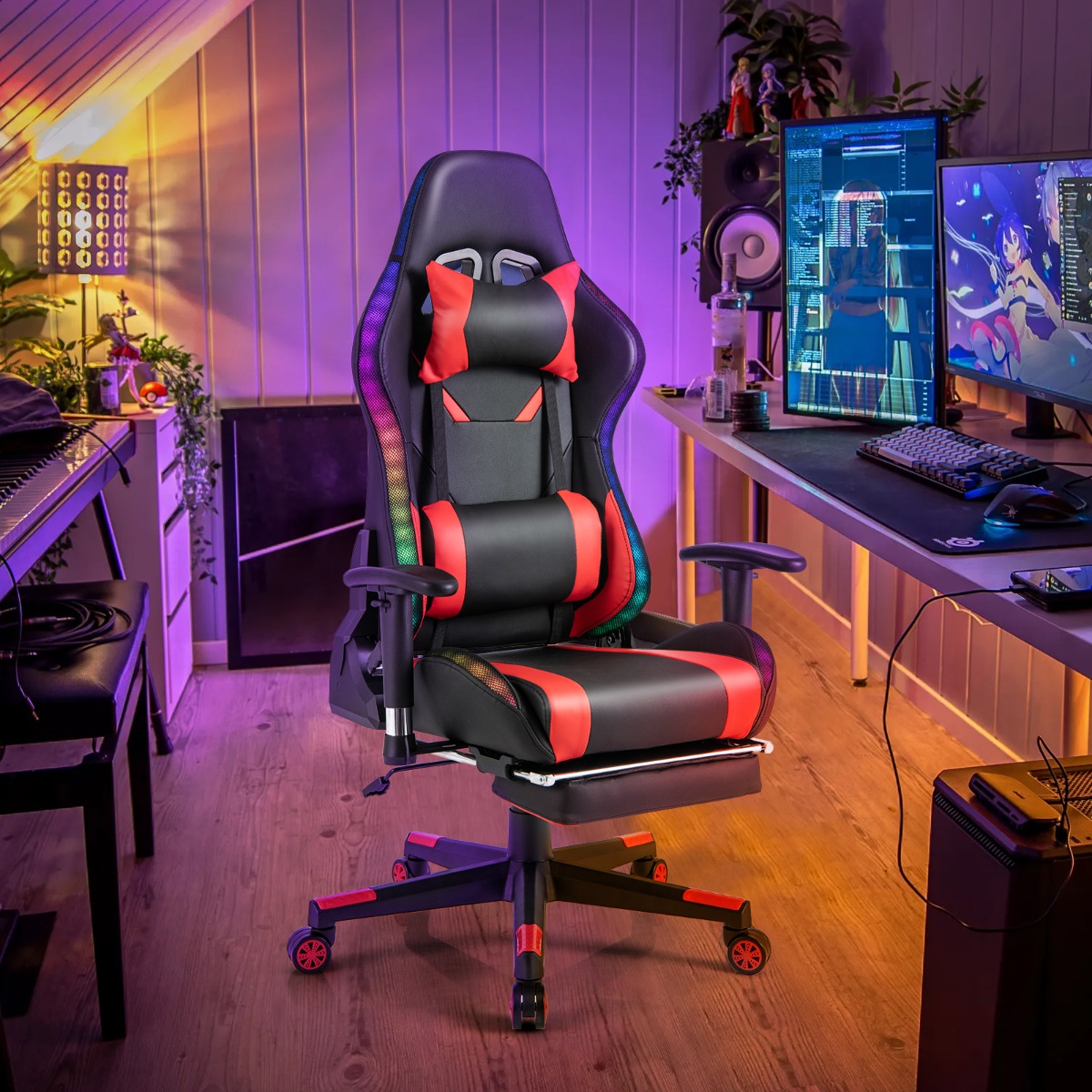 Gaming Stuhl mit RGB-LED-Leuchten & Einziehbarer Fußstütze Ergonomischer Bürostuhl Rot Gaming Stuhl mit RGB-LED-Leuchten & Einziehbarer Fußstütze Ergonomischer Bürostuhl Rot von Costway