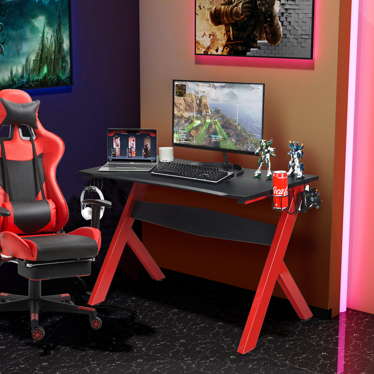 Gamingtisch Computertisch Gaming Schreibtisch mit Tassen- und Kopfhörerhalter und Mauspad für Zuhause Büro Spielzimmer von Costway