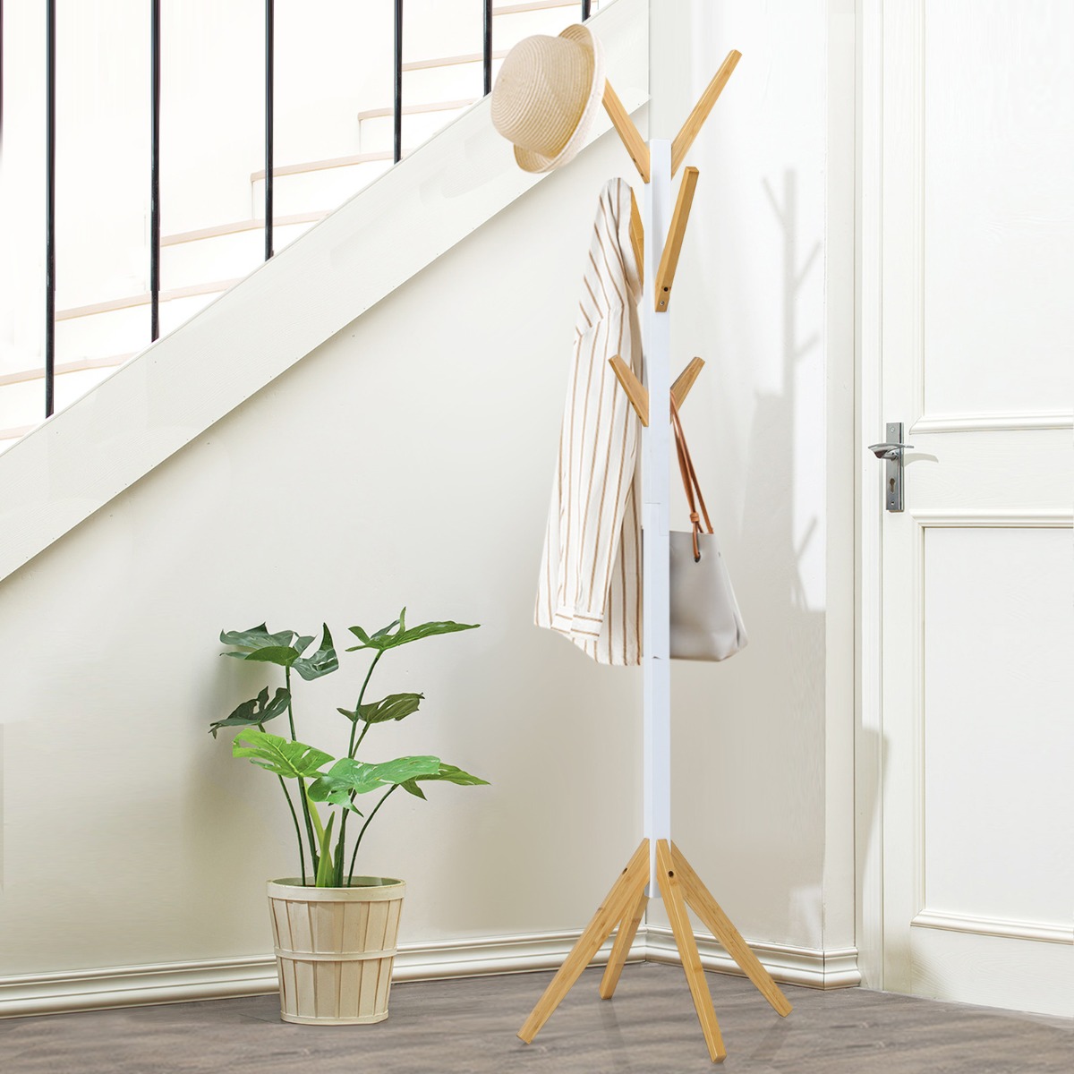 Garderobenständer aus Bambus mit 6 Haken Kleiderständer 55 x 55 x 179 cm Natur + Weiß von Costway
