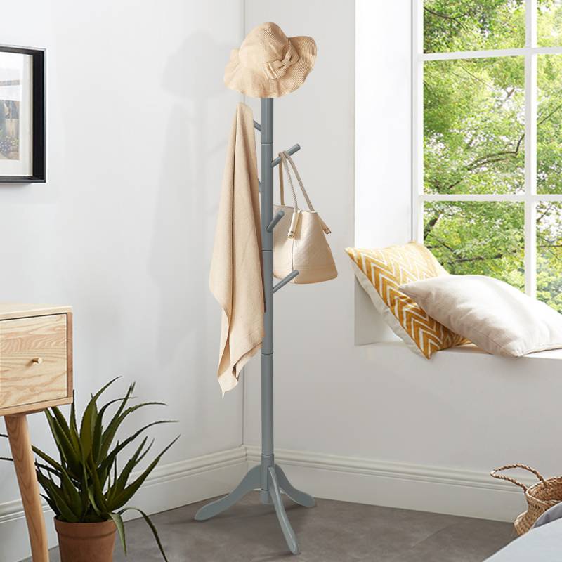 Garderobenständer mit 8 Haken Kleiderständer aus Holz höhenverstellbar 175 cm Grau von Costway