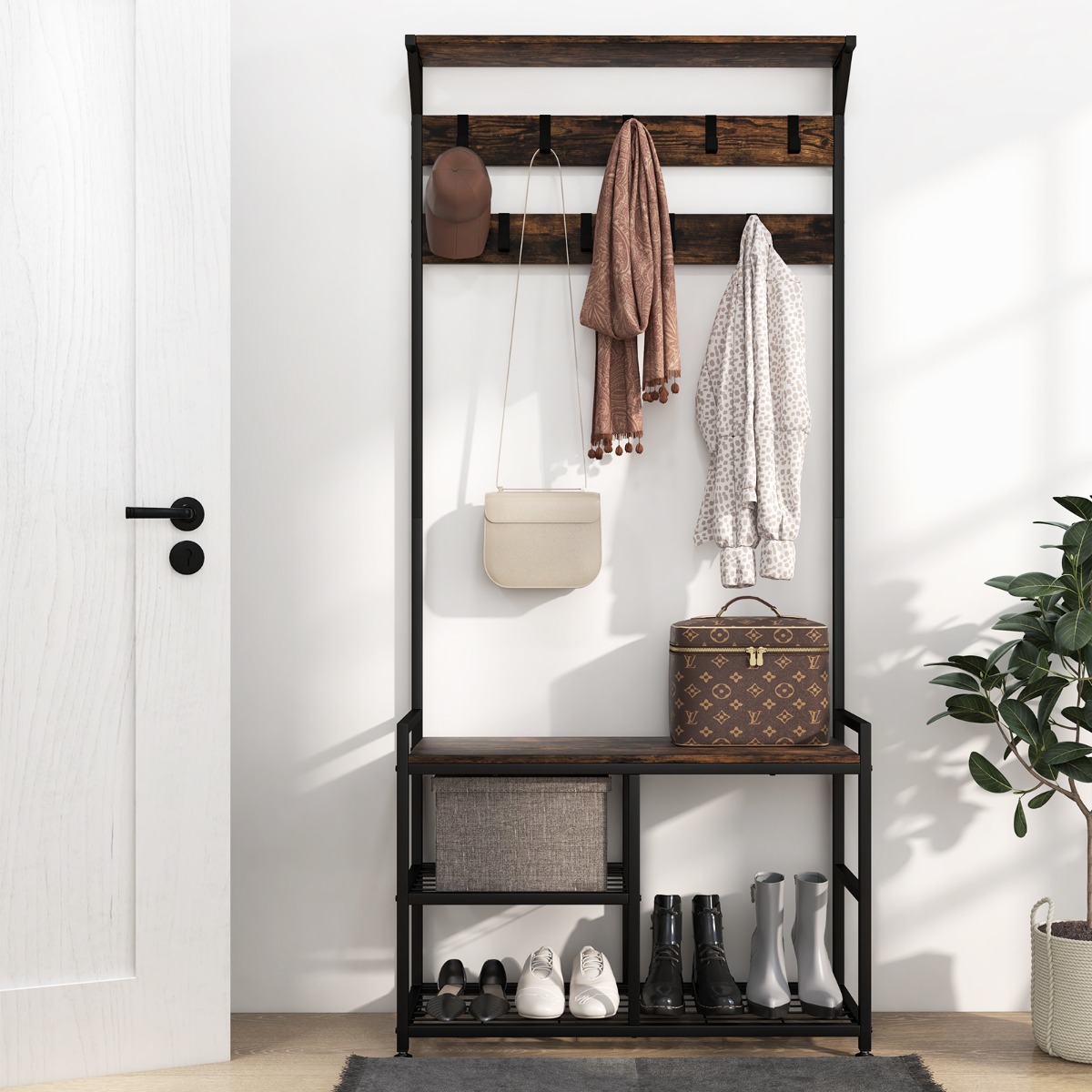 Garderobenständer mit 9 Haken & Schuhregal 3 Ebenen Garderobe Industrie-Design Braun von Costway