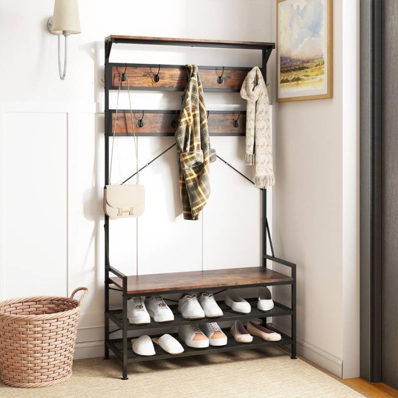 Garderobenständer mit Schuhablage Schuhregal mit Garderobe Kleiderständer mit Sitzbank Braun von Costway