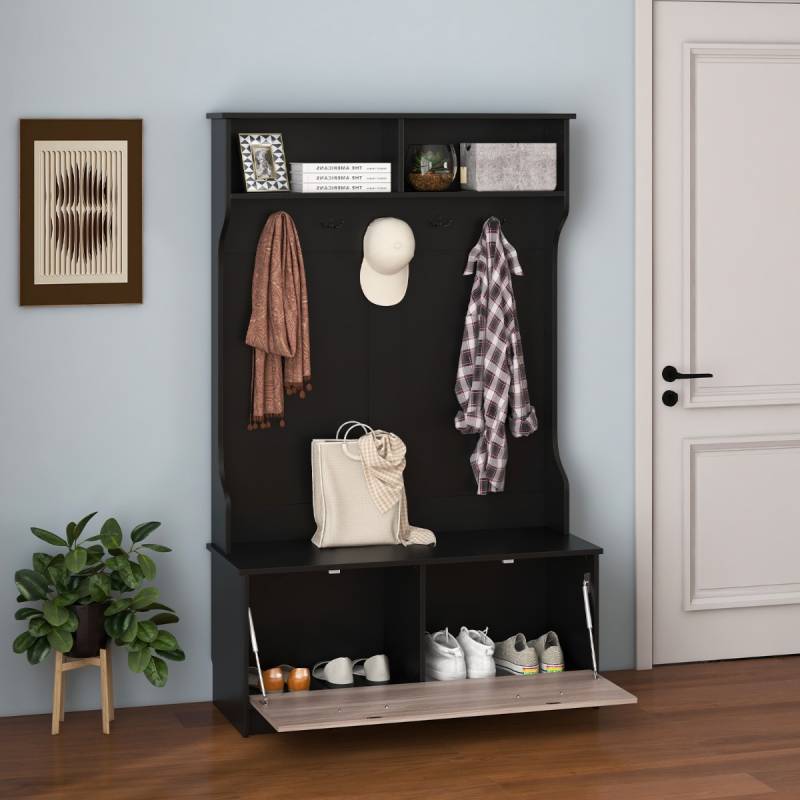 Garderobenständer mit Sitzbank & 5 Doppelhaken Garderobe Flurgarderobe 100 x 40 x 160 cm Schwarz von Costway
