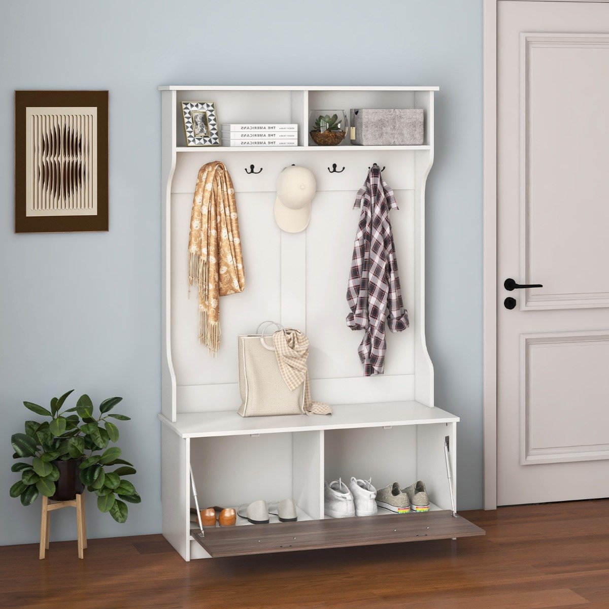 Garderobenständer mit Sitzbank & 5 Doppelhaken Garderobe Flurgarderobe 100 x 40 x 160 cm Weiß von Costway