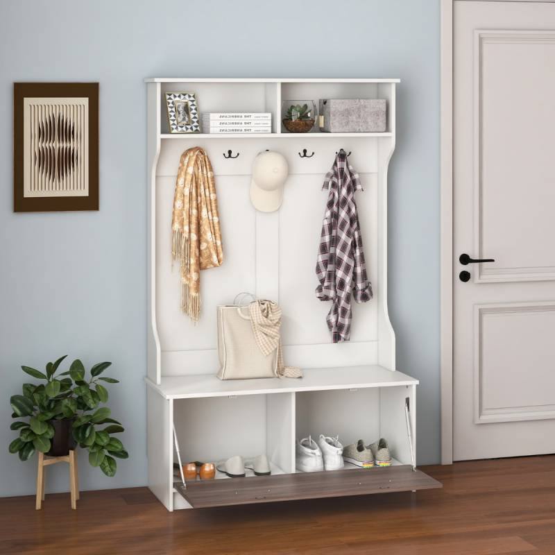 Garderobenständer mit Sitzbank & 5 Doppelhaken Garderobe Flurgarderobe 100 x 40 x 160 cm Weiß von Costway