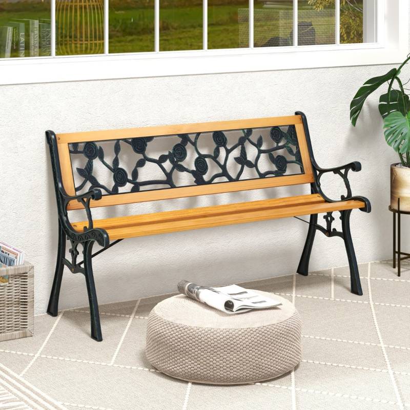 Gartenbank mit Metallgussrahmen & Holzsitz Ergonomische Sitzbank für 3 Personen 127,5 cm Lang von Costway