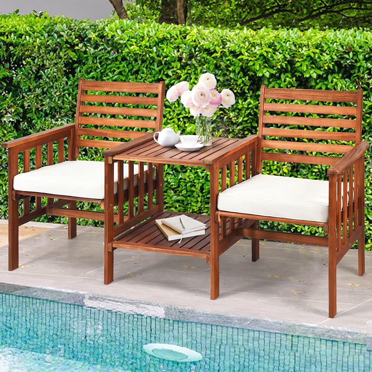 Gartenbank mit Tisch 2 Sitzer Holzbank mit Schirmloch & Sitzkissen Sitzbank Braun+Weiß Gartenbank mit Tisch 2 Sitzer Holzbank mit Schirmloch & Sitzkissen Sitzbank Braun+Weiß von Costway