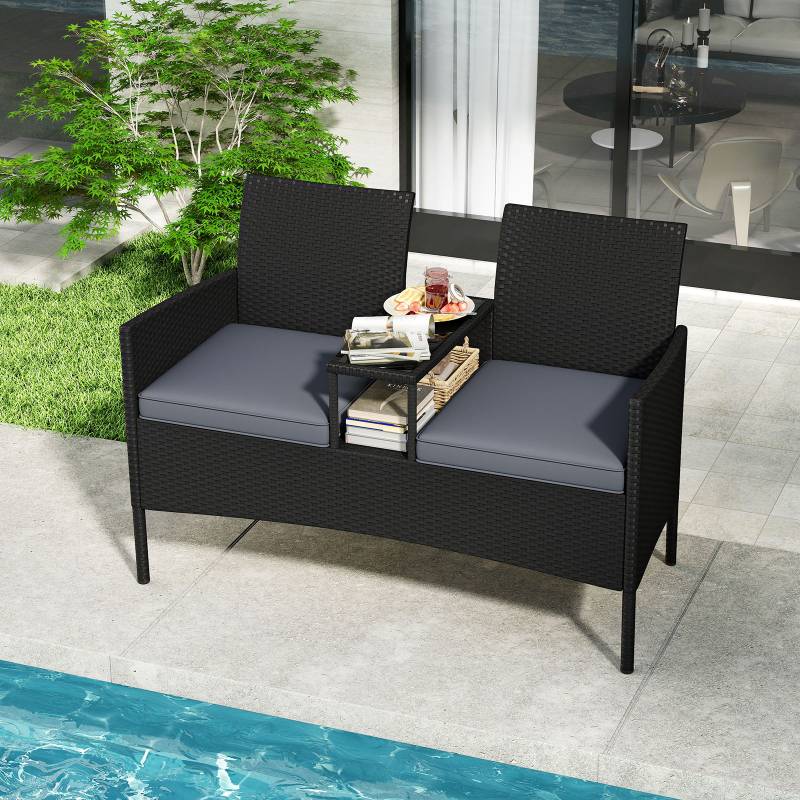 Gartenbank mit Tisch 2-Sitzer Polyrattan Sitzbank Sitzgruppe Gartenmöbel Terrassenmöbel Grau von Costway