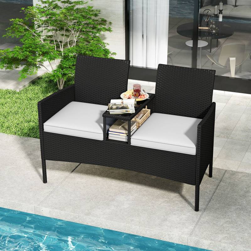 Gartenbank mit Tisch 2-Sitzer Polyrattan Sitzbank Sitzgruppe Gartenmöbel Terrassenmöbel Weiß von Costway