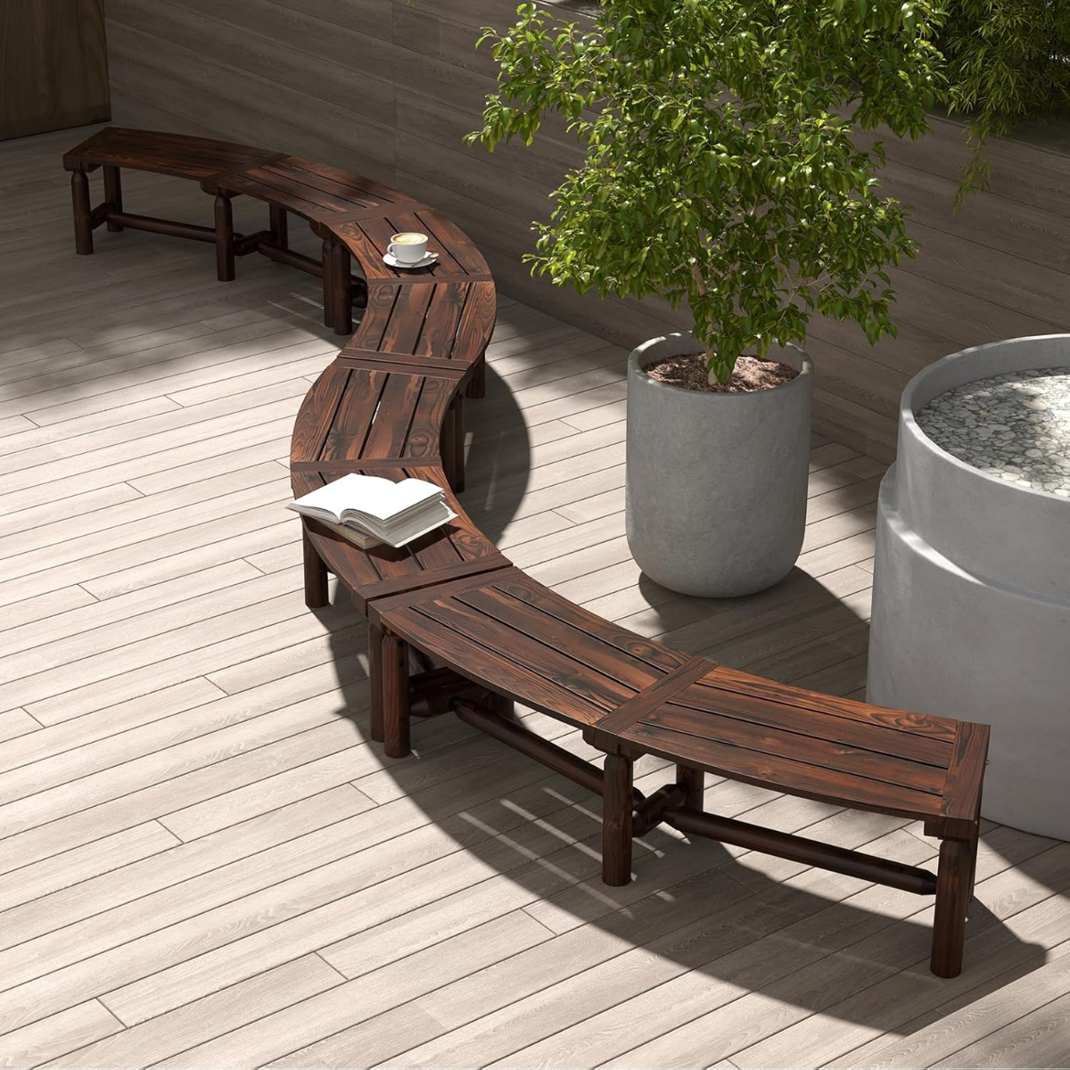 Gartenbank aus Holz Feuerstelle gebogene Bank mit kohlenstoffisiertem Finish 139 x 36 x 41 cm von Costway