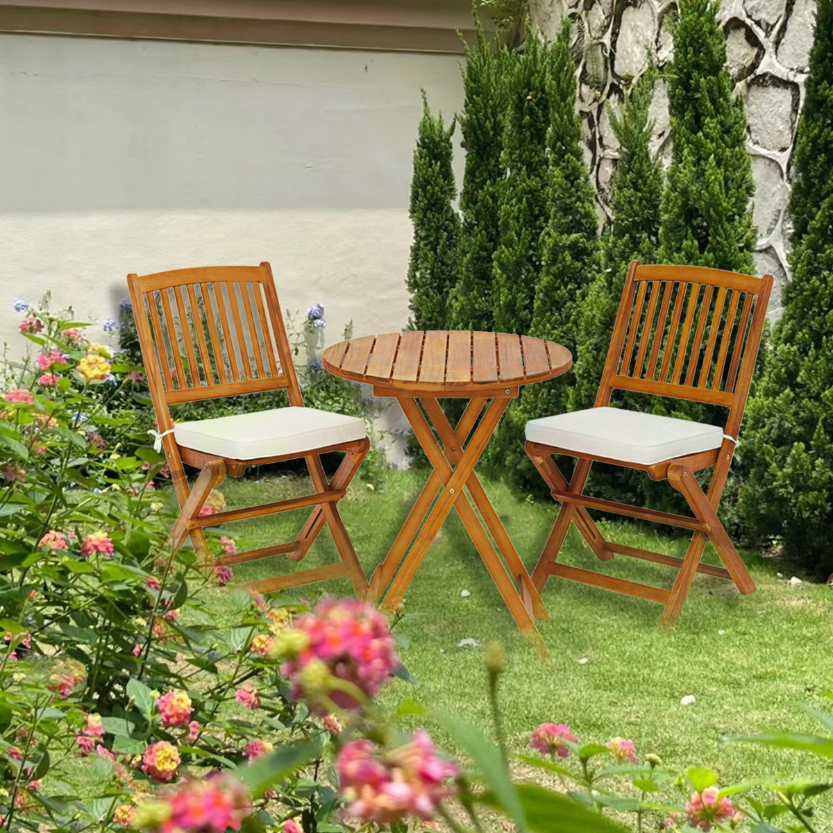 Gartenmöbel Set 3-teilig Balkonmöbel Set mit 2 Stühle & rundem Couchtisch aus Akazienholz klappbar Bistroset für Terrasse Beige von Costway
