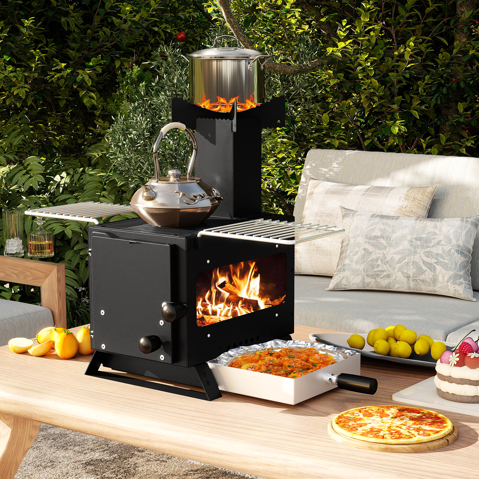 Gartenofen zum Kochen Campingofen mit Topfgestell & Ofenpfanne & 2 Grills Holzofen mit Sichtfenster Gartenofen zum Kochen Campingofen mit Topfgestell & Ofenpfanne & 2 Grills Holzofen mit Sichtfenster von Costway