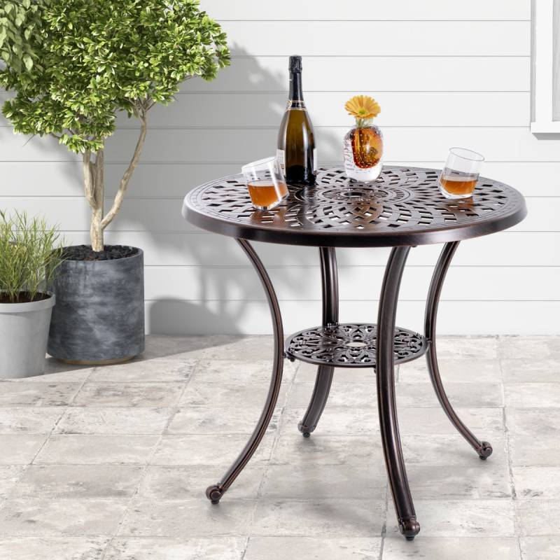 Gartentisch aus Aluminiumguss mit Schirmloch & Unterer Ablage Wetterfester Balkontisch von Costway