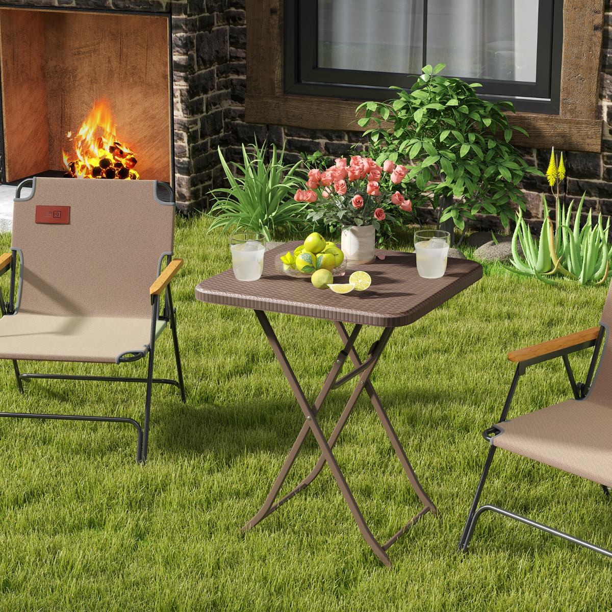 Gartentisch in Rattan-Optik mit HDPE-Tischplatte Klappbarer Balkontisch Quadratischer Campingtisch von Costway
