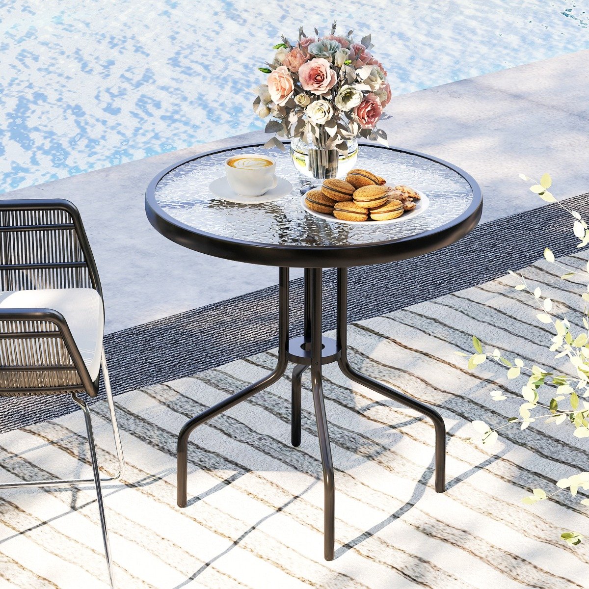 Gartentisch mit Schirmloch 70x70x71cm Bistrotisch mit Tischplatte aus gehärtetem Glas von Costway