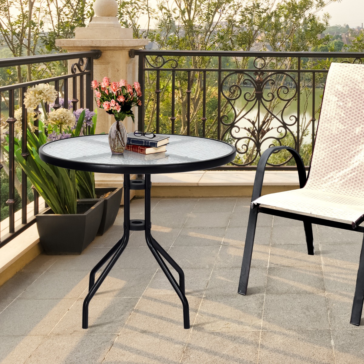 Gartentisch mit Tischplatte aus Gehärtetem Glas & Schirmloch & Metallrahmen Terrassentisch von Costway