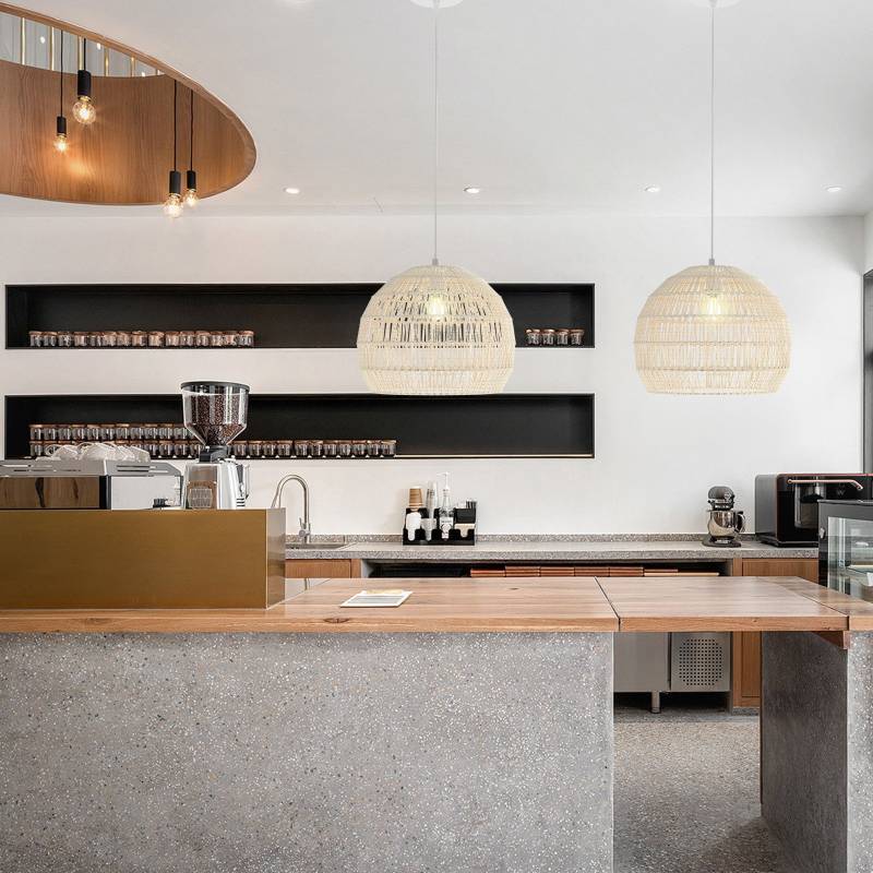 Geflochtene Pendelleuchte Boho Deckenleuchte mit Verstellbarer Aufhänghöhe Hängelampe Beige von Costway