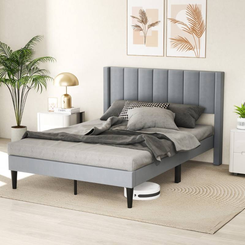 Gepolstertes Doppelbettgestell für 200 x 140 cm Matratze Plattformbett mit Kopfteil Bettgestell Grau von Costway
