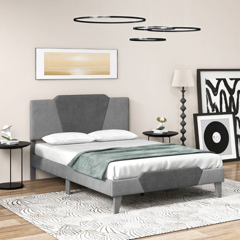 Gepolstertes Plattformbett in Doppelbettgröße Samt-Bettrahmen mit Kopfteil Bettgestell aus massiven Holzlatten 140 x 200 cm Grau von Costway