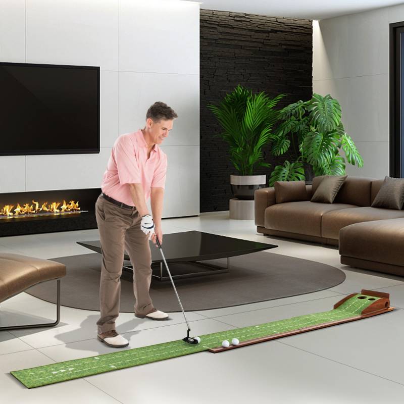 Golf Puttingmatte mit 2 Löchern & 3 Golfbällen & Kunstrasen Golfmatte Putting Trainer Grün von Costway