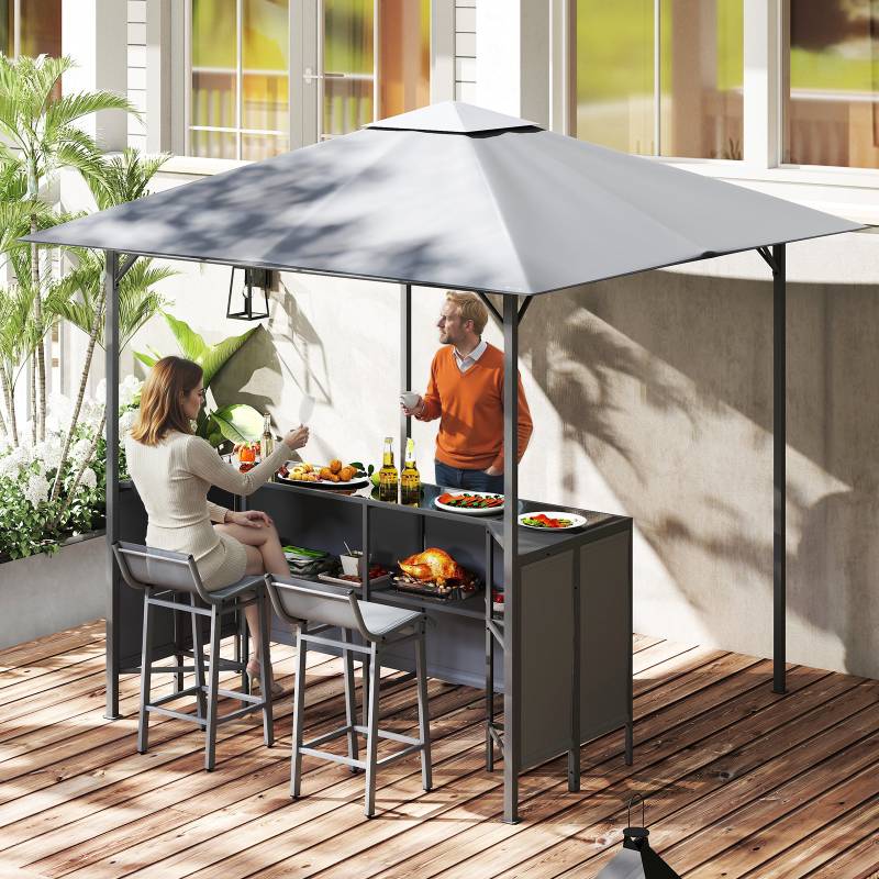 Grillpavillon mit Bar & 2 Stühlen Gartenpavillon mit Doppeldach 3 Teiliges Bar Set Grau von Costway