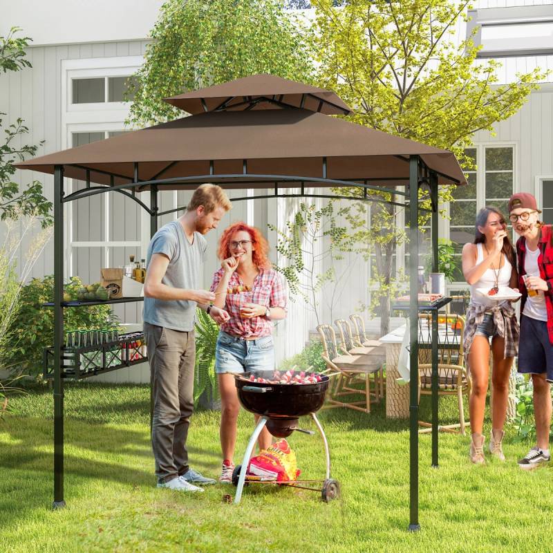 Grillpavillon mit Doppeldach & Seitenregalen & Metallkorb Grillüberdachungen Grillunterstand Braun von Costway