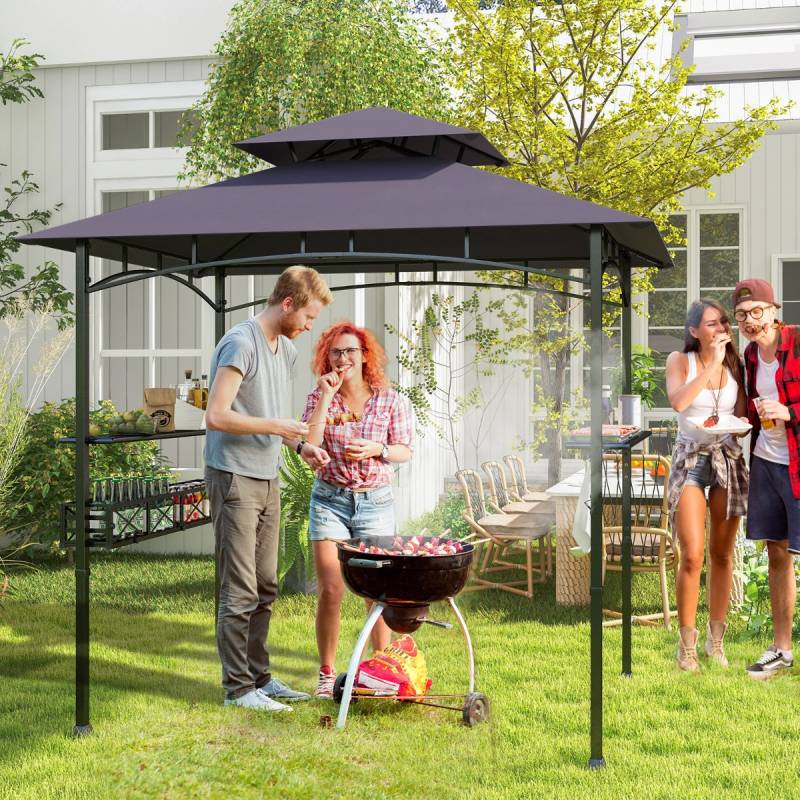 Grillpavillon mit Doppeldach & Seitenregalen & Metallkorb Grillüberdachungen Grillunterstand Dunkelgrau von Costway