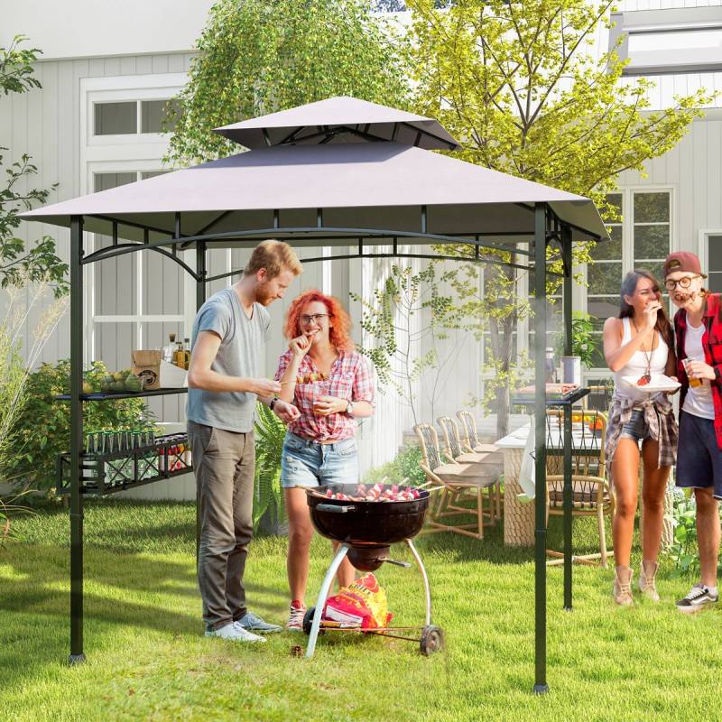 Grillpavillon mit Doppeldach & Seitenregalen & Metallkorb Grillüberdachungen Grillunterstand Grau von Costway