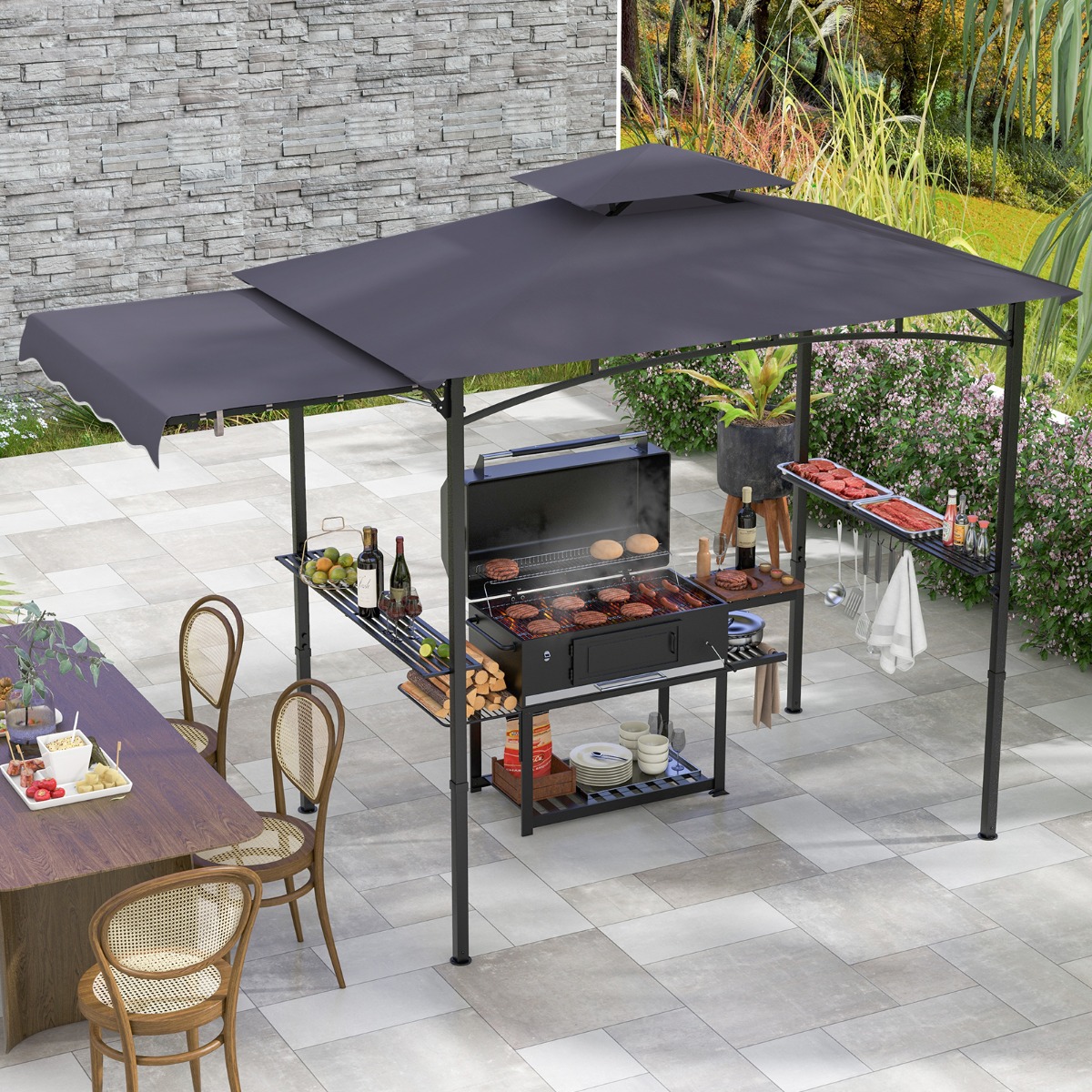 Grillpavillon mit Seitenmarkise Doppeldach 2 Seitenregalen & Haken Gartenpavillon BBQ Pavillon Dunkelgrau Grillpavillon mit Seitenmarkise Doppeldach 2 Seitenregalen & Haken Gartenpavillon BBQ Pavillon Dunkelgrau von Costway