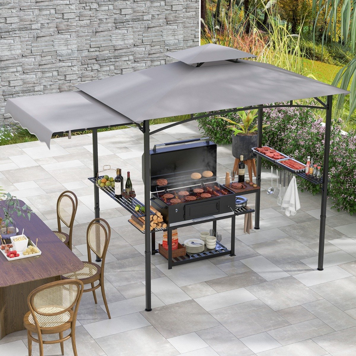 Grillpavillon mit Seitenmarkise & Doppeldach & Seitenregalen & Haken Wetterfeste Grillüberdachungen von Costway